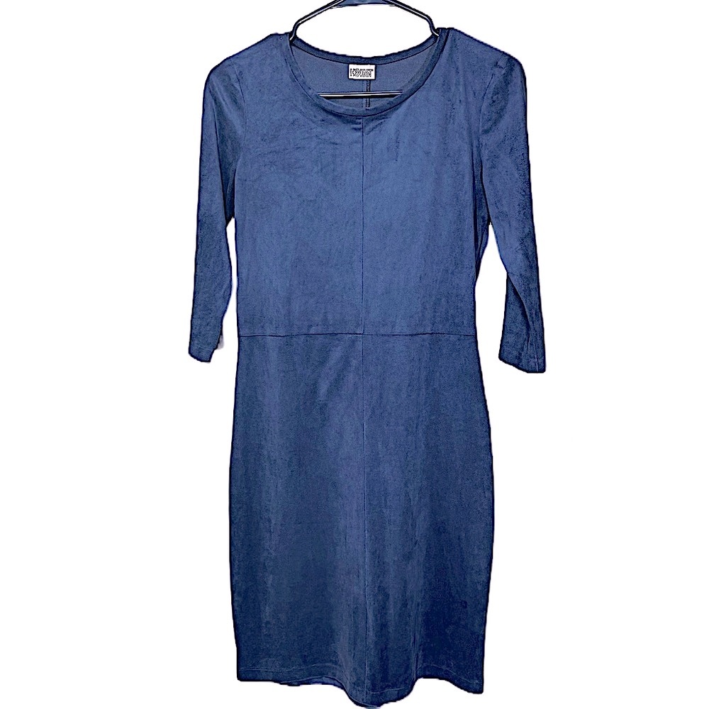Hengst NYC VTG Ultrasuede Sheath Midi Dress Deep Blue 3/4 Sleeve Scoop Neck Sz M